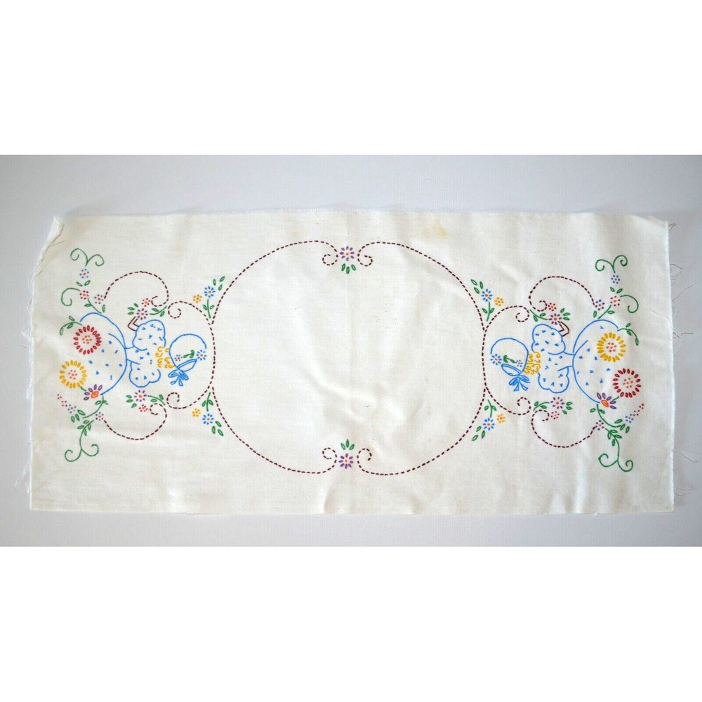 Vintage Stamped UNFINISHED Dresser Runner, Floral w/ A Southern Bell At Each End